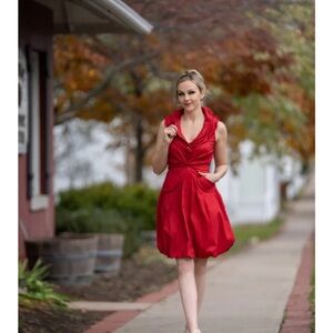 Samuel Dong Vibrant Red Bubble Hem 3 Tiered wired collar statement  Dress